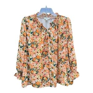 Entro Women’s Floral Smocked Neckline & Sleeves Orange/Green Blouse SZ S